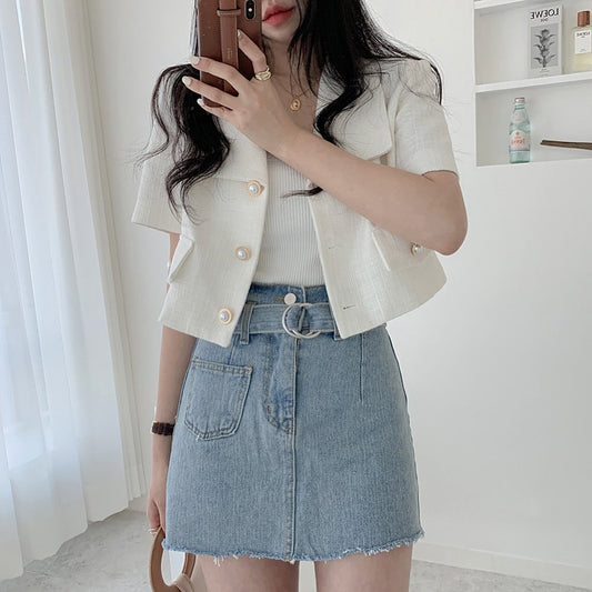 Temperament Small Fragrance Pearl Buckle Lapel Short Suit Jacket