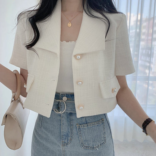 Temperament Small Fragrance Pearl Buckle Lapel Short Suit Jacket