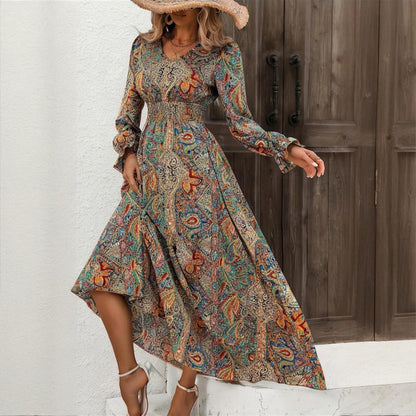 Retro Geometric V-Neck Print Flounce Sleeve Dress