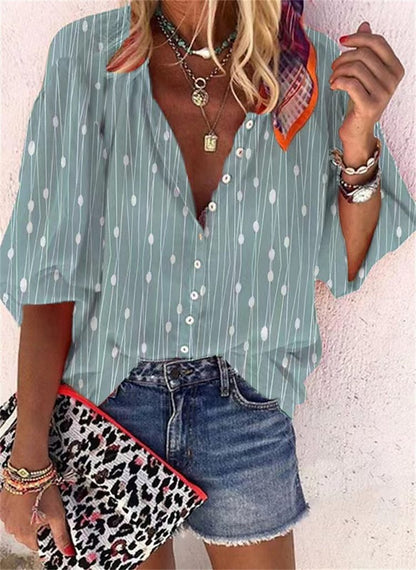3D Floral Print Loose Three-quarters Sleeve Top For Spring V-neck Casual Shirt For Women