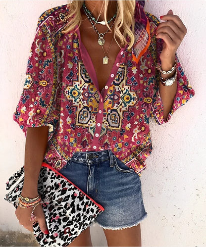 3D Floral Print Loose Three-quarters Sleeve Top For Spring V-neck Casual Shirt For Women