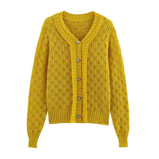 Japanese Lemon Yellow Ruffled Hollow-out Short Knitted Cardigan
