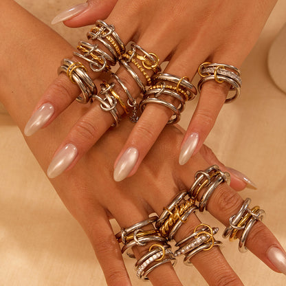 Stacked Color Matching Stainless Steel Ring Set 18K Gold Plating Exaggerated Personalized Hand Jewelry