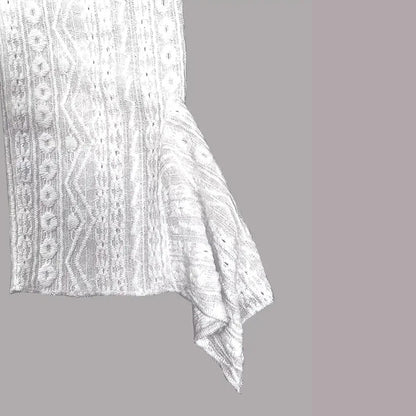 Round Neck Lace Trim Semi-Sheer Blouse - Sexy Half Sleeve Hollow Out Top