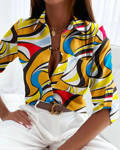 Spring And Autumn Top POLO Collar Long Sleeved Button Up Shirt Printed Shirt For Women