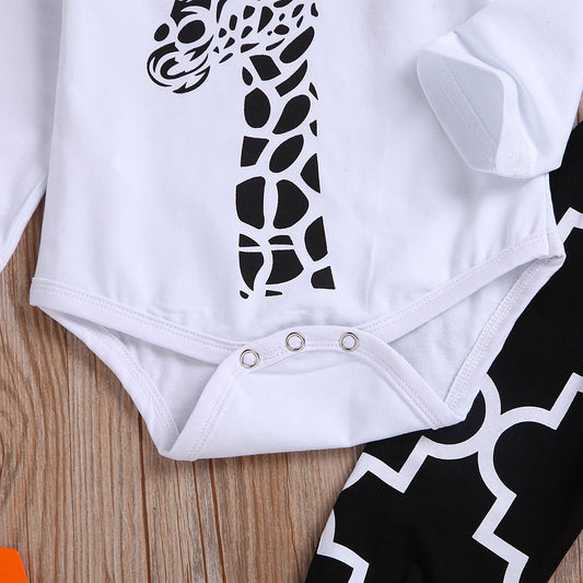 Children's Giraffe Print Crew Neck Romper Hat Three Piece Set
