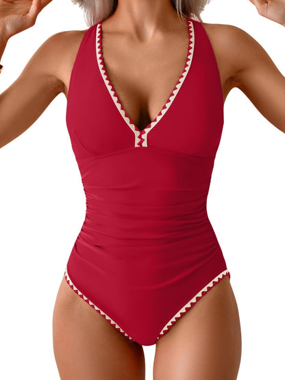 Women's One Piece Belly Contraction Pleated Push-up Lace-up Swimsuit