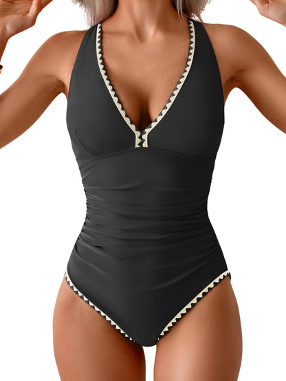 Women's One Piece Belly Contraction Pleated Push-up Lace-up Swimsuit