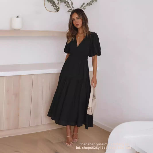 Deep V puffed sleeve vacation dress