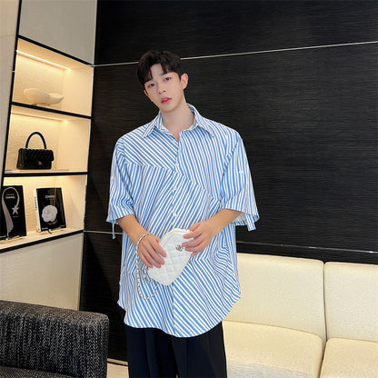Summer Blue Striped Shirt Irregular Stitching Cardigan Loose Men