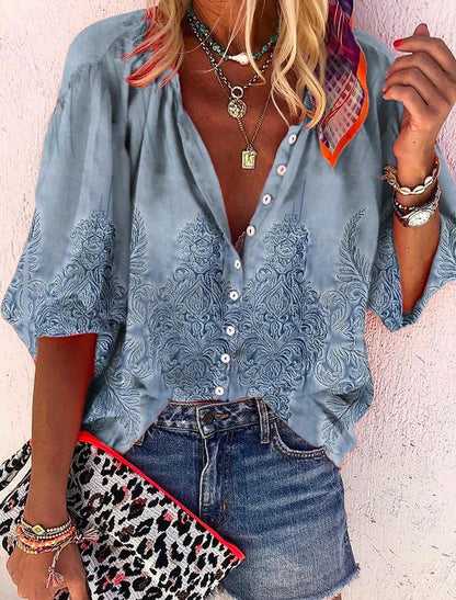 3D Floral Print Loose Three-quarters Sleeve Top For Spring V-neck Casual Shirt For Women