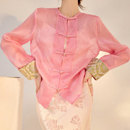 Chinese Style High-end Embroidery Shirt Buckle Retro Thin Fashion Tops Women