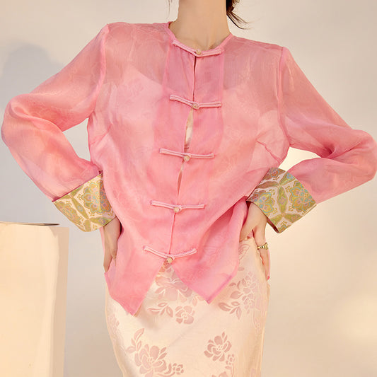 Chinese Style High-end Embroidery Shirt Buckle Retro Thin Fashion Tops Women