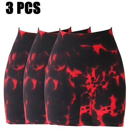 3 Pack Tie-dye High-waisted Butt-lifting Women's Sports Yoga Shorts, Women's Butt Lifting Shorts High Waist Tummy Control Yoga Shorts Seamless Ruched Booty Workout Short Leggings