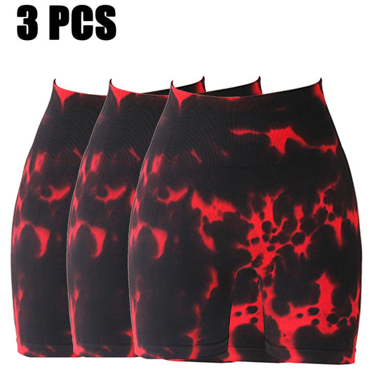 3 Pack Tie-dye High-waisted Butt-lifting Women's Sports Yoga Shorts, Women's Butt Lifting Shorts High Waist Tummy Control Yoga Shorts Seamless Ruched Booty Workout Short Leggings