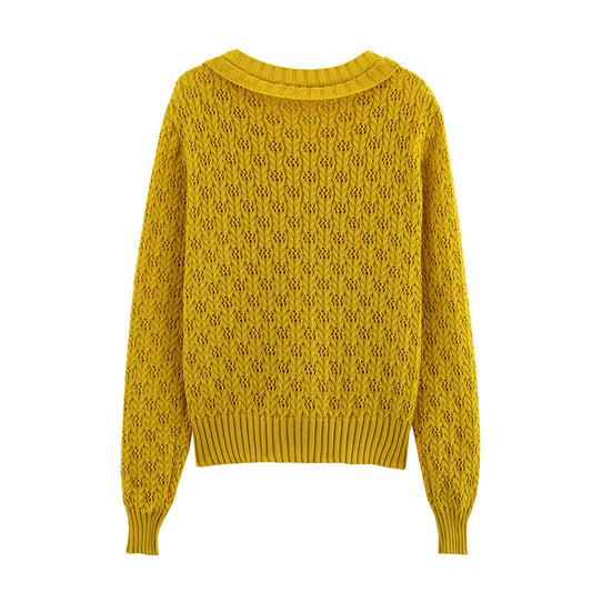 Japanese Lemon Yellow Ruffled Hollow-out Short Knitted Cardigan
