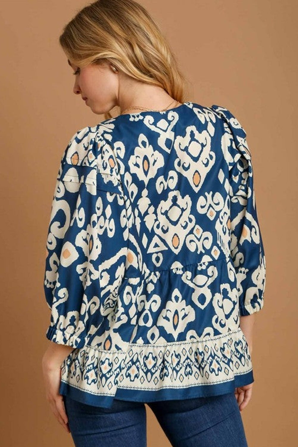 Blue Tribal Geometric Print Sleeve Flowy Fit Blouse