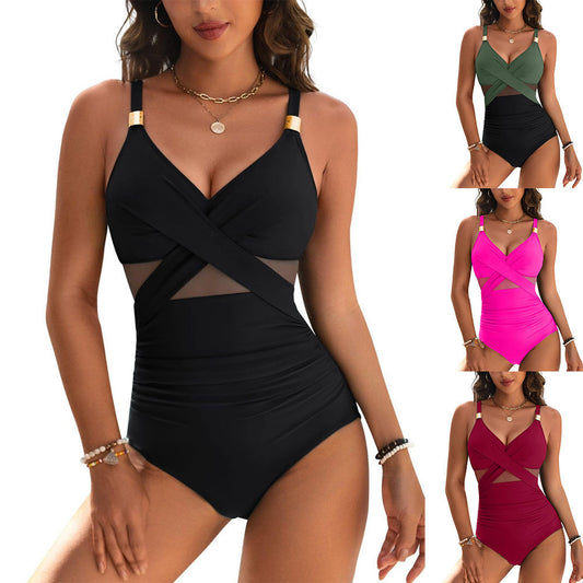 Women's Fashion One-piece Pure Color Mesh Swimsuit Bikini