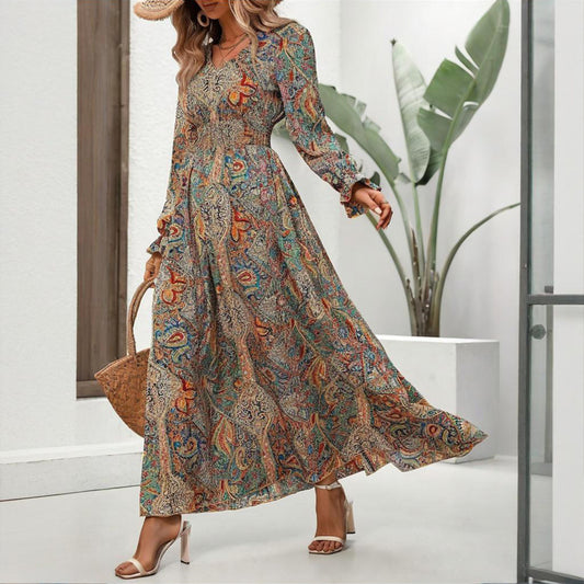 Retro Geometric V-Neck Print Flounce Sleeve Dress