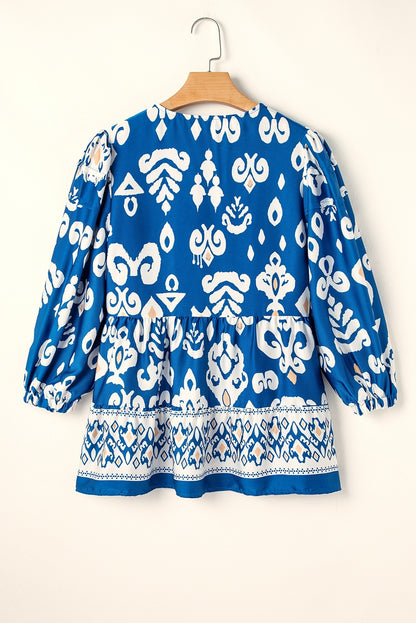 Blue Tribal Geometric Print Sleeve Flowy Fit Blouse