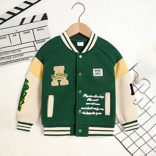Toddler Trendy Embroidery Letters Print Jacket Baseball Collar Coat Children's Wear