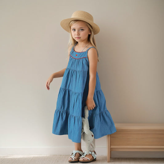 Summer Girl Denim Dress College Style Camisole Lotus Leaf Style