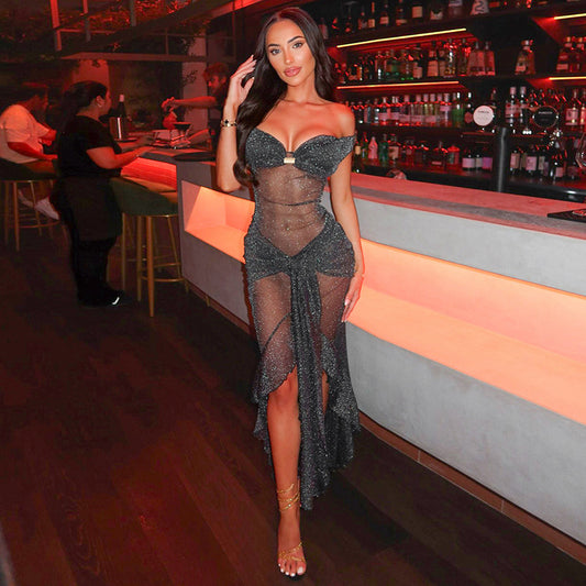 Sexy Fashion Slim Fit Tube Top Backless Silver Silk See-through Dress Women