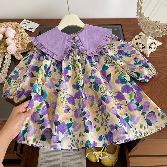 Ruffled Spring New Baby Lapel Print Dress