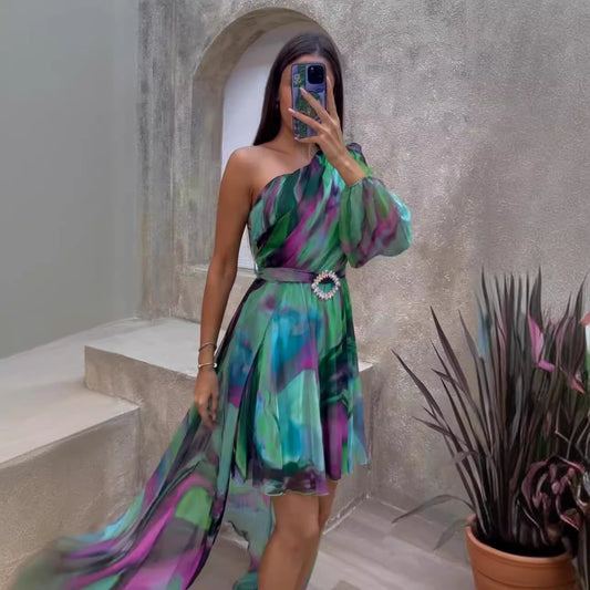 American style Fashion Personalized Printing Sloping Shoulder Dress