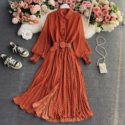 Polka Dot Chiffon Shirt Collar Temperament Waist-controlled Large Hem Pleated Long Skirt