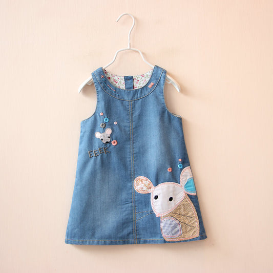 Denim Girls Dress Mouse Embroidery