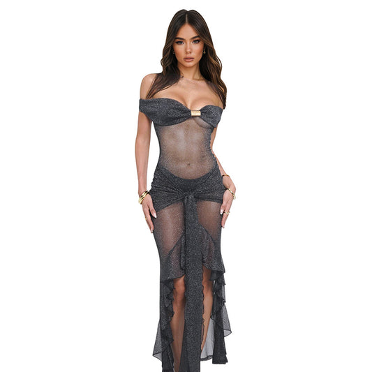 Sexy Fashion Slim Fit Tube Top Backless Silver Silk See-through Dress Women