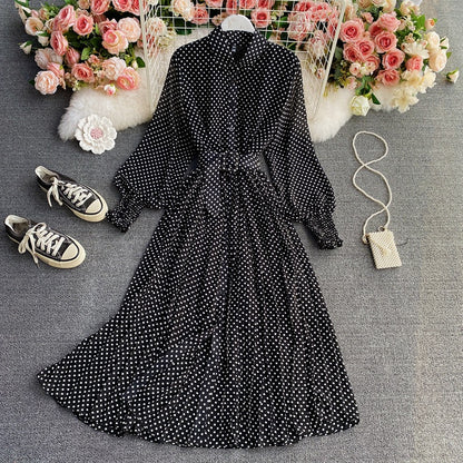 Polka Dot Chiffon Shirt Collar Temperament Waist-controlled Large Hem Pleated Long Skirt