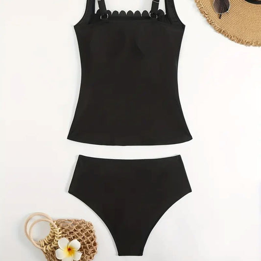 Black Split Conservative Belly-covering Wavy Two-shoulder Swimsuit For Women