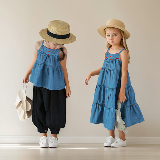 Summer Girl Denim Dress College Style Camisole Lotus Leaf Style