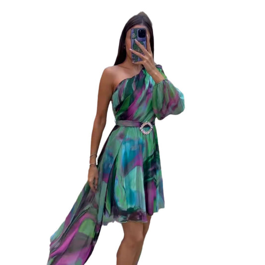American style Fashion Personalized Printing Sloping Shoulder Dress