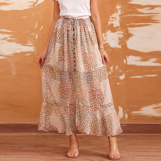 Bohemian Casual Pleating Button Split High Waist Long Dress For Women