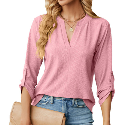 New Solid Color V-neck Three Quarter Sleeve Button Loose T-shirt Top For Women