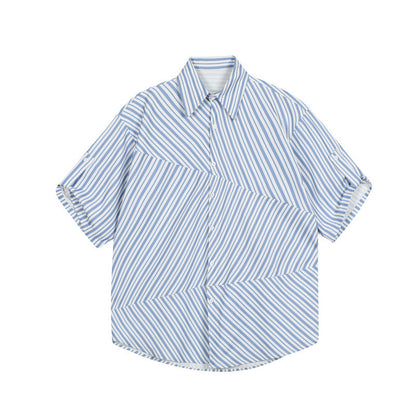 Summer Blue Striped Shirt Irregular Stitching Cardigan Loose Men