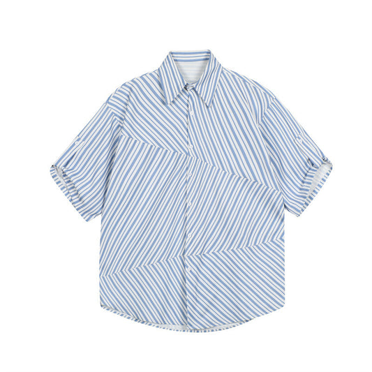 Summer Blue Striped Shirt Irregular Stitching Cardigan Loose Men