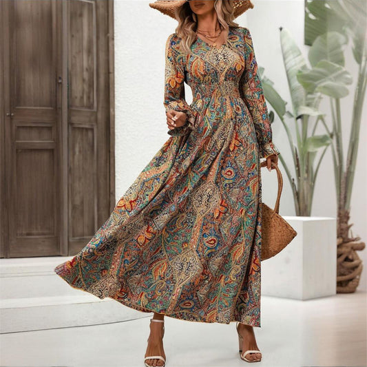 Retro Geometric V-Neck Print Flounce Sleeve Dress