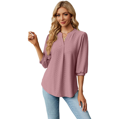 New Solid Color V-neck Jacquard Seven Quarter Sleeve Loose Pleated T-shirt Top For Women
