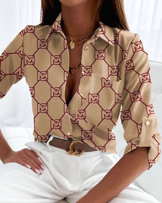 Spring And Autumn Top POLO Collar Long Sleeved Button Up Shirt Printed Shirt For Women