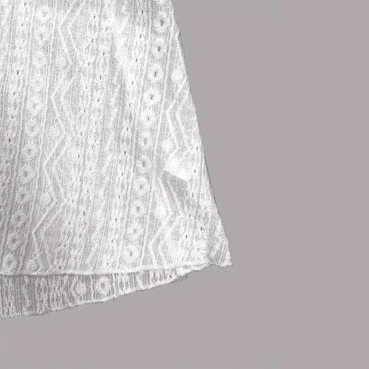 Round Neck Lace Trim Semi-Sheer Blouse - Sexy Half Sleeve Hollow Out Top