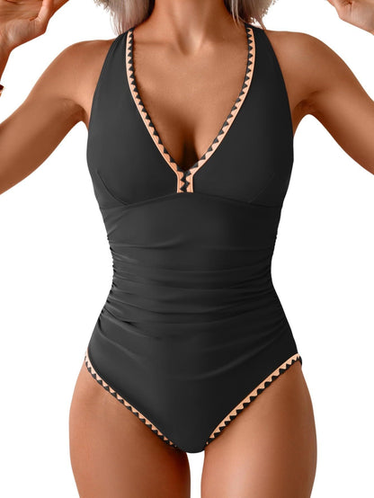 Women's One Piece Belly Contraction Pleated Push-up Lace-up Swimsuit