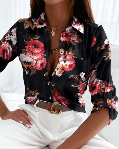 Spring And Autumn Top POLO Collar Long Sleeved Button Up Shirt Printed Shirt For Women