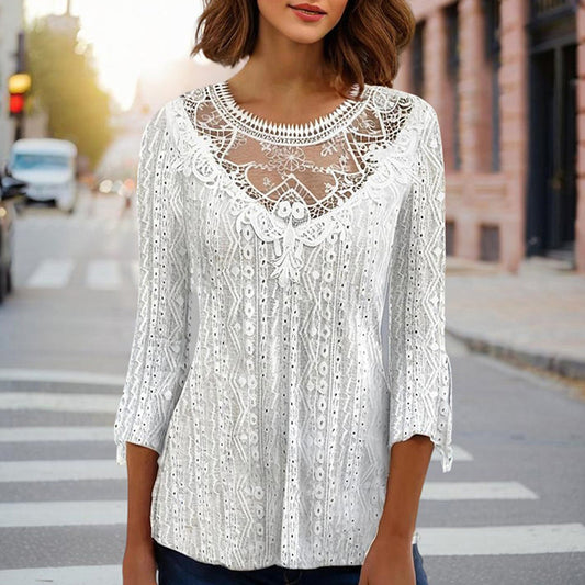 Round Neck Lace Trim Semi-Sheer Blouse - Sexy Half Sleeve Hollow Out Top
