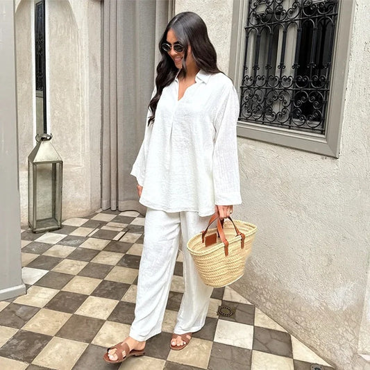 Luxury Summer and Autumn V-neck Women's Shirt Two-piece Set