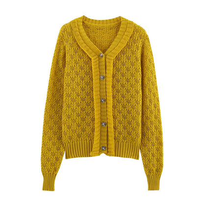 Japanese Lemon Yellow Ruffled Hollow-out Short Knitted Cardigan