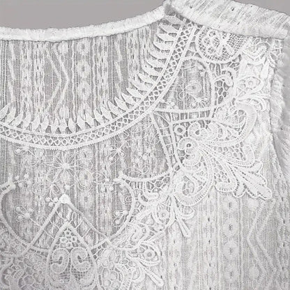 Round Neck Lace Trim Semi-Sheer Blouse - Sexy Half Sleeve Hollow Out Top